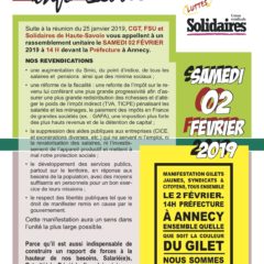 Samedi 2 février à Annecy, manifestation unitaire, syndicats, gilets jaunes, citoyens