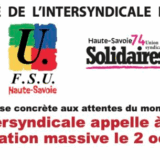 Jeudi 2 octobre, l’intersyndicale 74 appelle à la grève et à un rassemblement à 10h sur le Pâquier à Annecy
