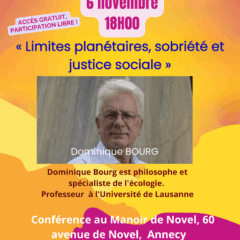 Conférence « Limites planétaires, sobriété et justice sociale » avec Dominique Bourg le 6 novembre